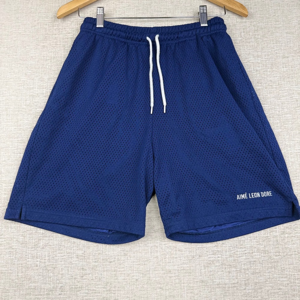 Aime Leon Dore Mens Navy Blue Mesh Gym Shorts Size Large 5 Inch Inseam